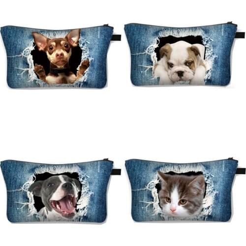 Funny Cat Dog Head Cosmetic Bag for Make Up Women Makeup Bag Kitten Puppy Cosmetic Case Girls Casual Organizer Travel Bags