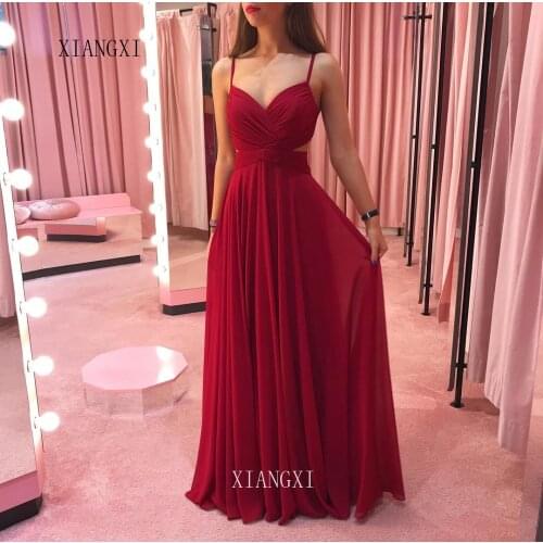 Red Evening Dresses Chiffon A-Line Spaghetti Strap Pleat Long Evening Dress Backless Floor Length Formal Gowns Party Dress Vesti
