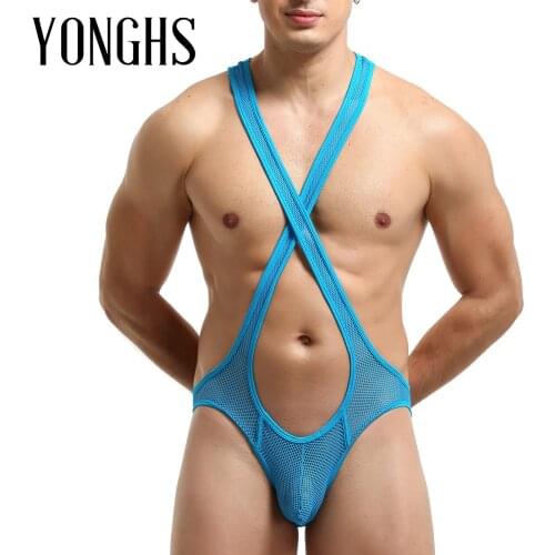 Mens Lingerie Wrestling Singlet Bodysuit Front Bulge Pouch Sheer Mesh Jockstrap Racer Back Crisscross Sexy Roleplay Clubwear
