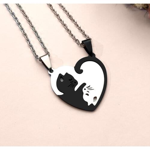 Two Cat Hug Couple Necklace Black White Cute Animal Pendant Choker Necklace Best Friends Women Valentines Day Lover Gift
