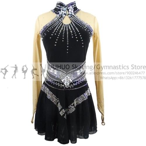 Figure Skating Dress Girls Black Finger point Sleeves Ice Skating Skirt Long-Sleeved Spandex Skirt Competition Dresses