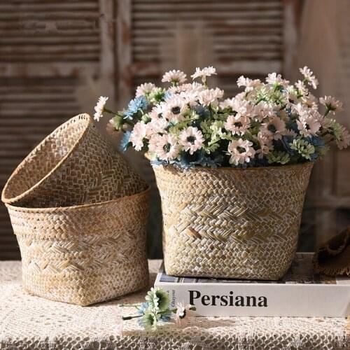 Retro Seagrass Storage Baskets Handmade Woven Basket Wicker Sundries Organizer Rattan Flower Pot Laundry Storage Box Organizer