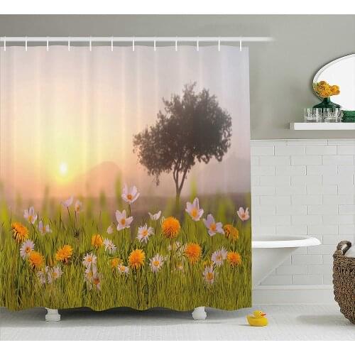 Nature Shower Curtain Daisy Flowers Meadow with Tree in Mist Ecp Garden Botany Fresh Scenery Bathroom Waterproof Curtains