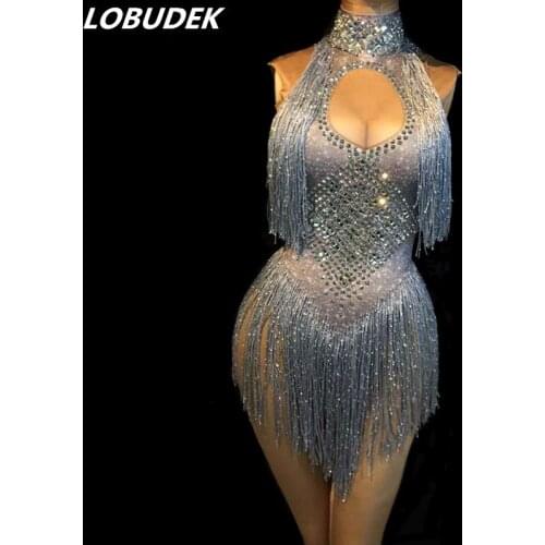 Silvery Rhinestones Tassels Bodysuit 4 Colors Crystals Zentai Skinny Jumpsuit Nightclub Women Sexy DJ DS Costume Dance Wears