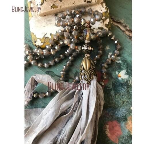 Gray Sari Silk Tassel Necklace Simple Glam Gray Tone Skinny Necklace Fun Accessory Bronze Cap Tassel Necklace NM15562