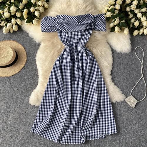 Net red sexy tube top skirt female summer dress 2021 new Korean retro plaid slim mid-length dress female