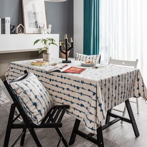 Linen Cotton Tablecloth Rectangular Blue Vertical Strip Printed Wedding Dining Table Cover Tea Table Cloth Decoration Textile