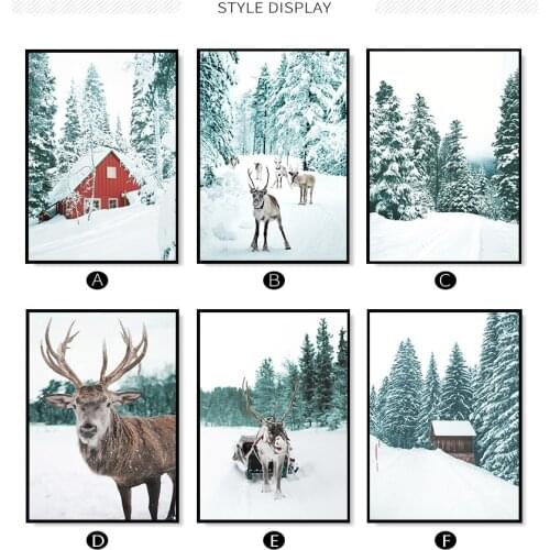 Modern Winter Landscape Pictures Canvas Painting Nordic Wall Art Forest Snow Scenery Deer Decor Posters for Living Room Design