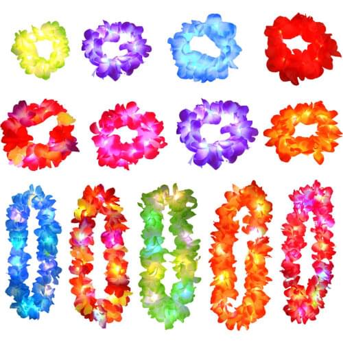 Light Up Glow Hawaii Hula Luau Flower Leis Garland Necklace Floral Wreath Women Girl Birthday Rave Neon LED Party Wedding