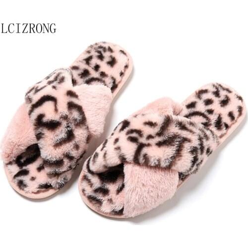 Women Winter Home Slippers Soft Faux Fur Warm Shoes Woman Fashion Leopard Non-slip Flats Female Slippers
