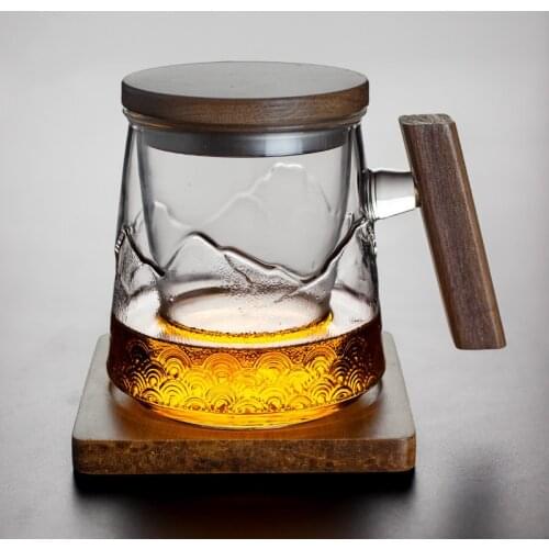 Heat Resistant Embossed Glass Tea Mug Household Transparent Water Cup Creative Office Filter Teacup With Wood Handle and Lid