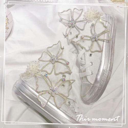 Three-dimensional bow cute white canvas girls shoes princess casual kawaii sweet high woman shoes cos Lolita loli Anime Shoes