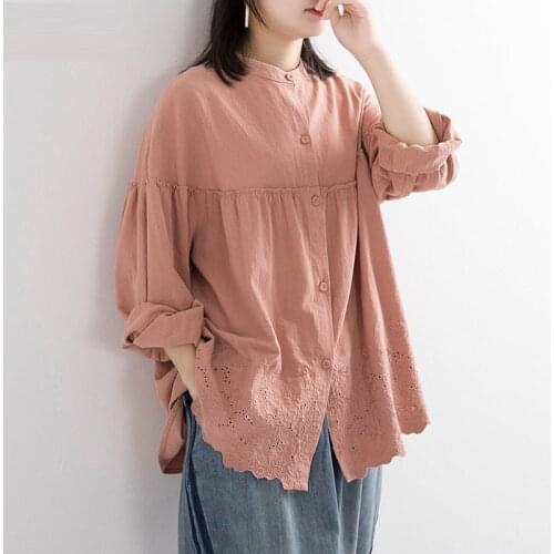 Spring New Arts Style Women Long Sleeve Loose Shirts All-matched Casual vintage Embroidery cotton linen Blouses Plus Size S692