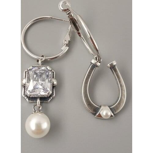 Silvology 925 Sterling Silver Horseshoe Pearl Exaggeration Womens Earrings Asymmetry Square Zircon Drop Earrings Design Jewelry