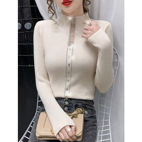 Woman Sweaters Turtleneck Sweater Womens Underwear Fall Winter Fashion Rhinestone Pullover Sweater