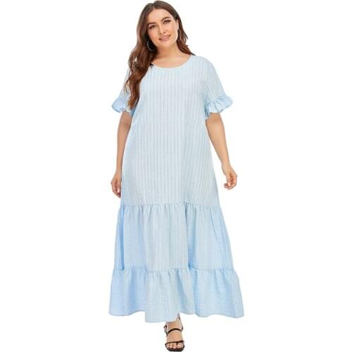 5XL Loose Plus Size Summer Dresses For Women Short Sleeve See Through Striped Ruffles Dress Blue Maxi Long Casual Dresses