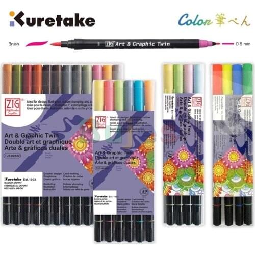 ZIG Kuretake Art & Graphic Twin Brush Pens Twin Tip Water-based Dye, TUT-80 ,0.8mm fine tip and the flexible brush,Art supplies