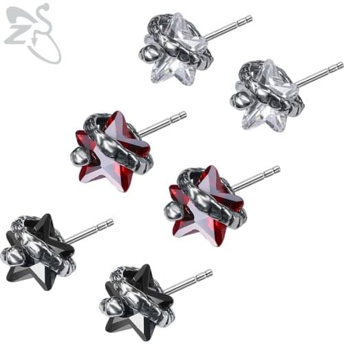 ZS 3 Color Cubic Zirconia Star Stud Earrings with Snake Mens Stainless Steel Jewelry Hip Hop Ear Stud Jewelry for Men Women