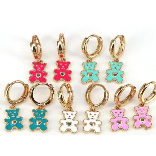 5Pairs, Fashion colourful copper bear women earring, trendy brass Animal dangle earring,dainty charm Gold Party Gift