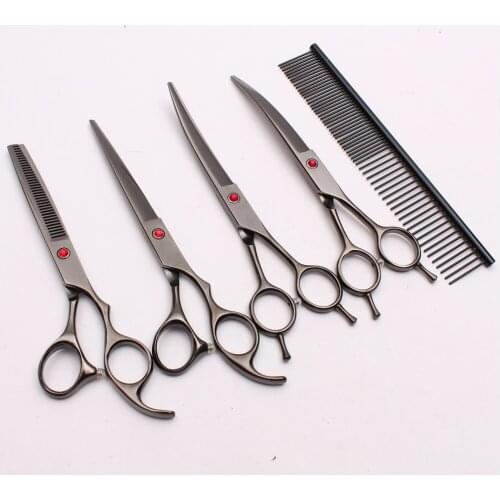 5Pcs Suit 7 inch 19.5cm Black Professional Pets Dogs Hair Grooming Scissors Comb + Cutting + Thinning + UP&ampDown Curved Shears