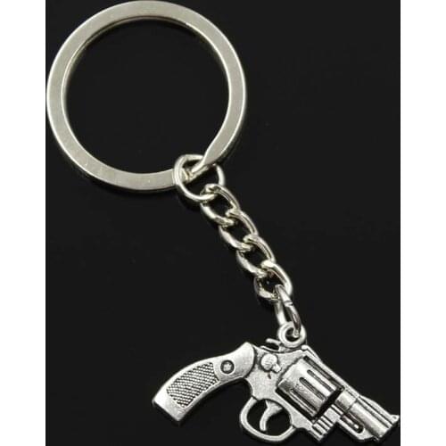 New Fashion Men 30mm Keychain DIY Metal Holder Chain Vintage Pistol Revolver Gun 29x22mm Silver Color Pendant Gift