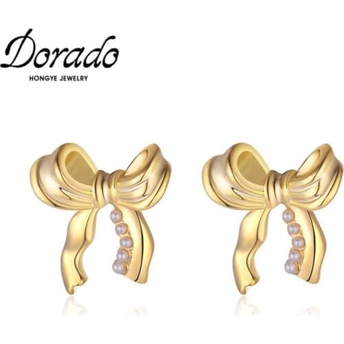 Dorado Classical Bowknot Imitation Pearls Stud Earrings For Women High Quality Metal Accessories Party Gifts Brincos Jewelry