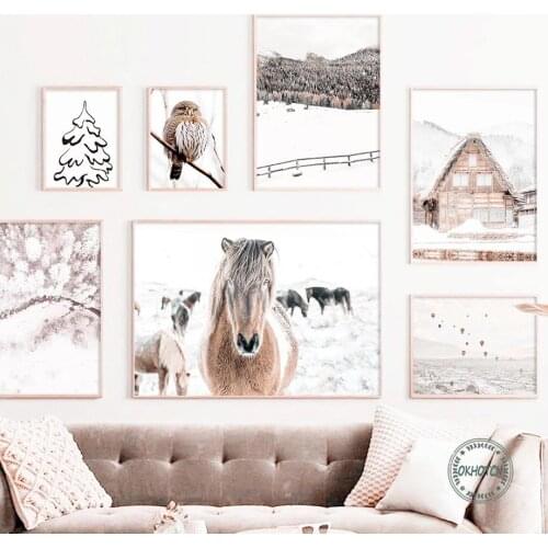 Forest Snow House Scenery Canvas Painting Horse Owl Pine Posters and Prints Wall Art Nordic Pictures for Living Room Decor