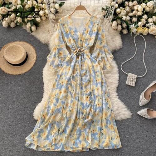 Summer Boho Bandage Dress 2021 New Women Sexy V-neck Lace Floral Printing Beach Dresses Ladies Elegant Chiffon Long Robe