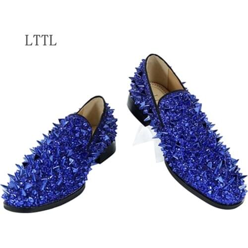 Hot Sale Men Sequins Spikes Shoes Glitter Bling Rivet Men Loafers Blue Red Green Black Gold Silver Prom Party Wedding Shoes Man