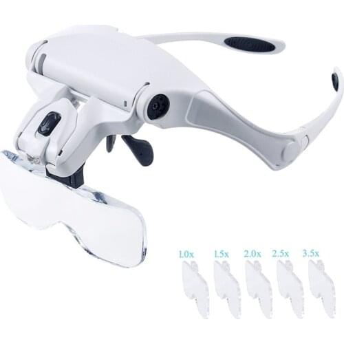 Multi-functional Loupe LED Head Mounted magnifying glass Headband Magnifier with 5 Replaceable Lenses 1X-3.5X Auxiliary Lens