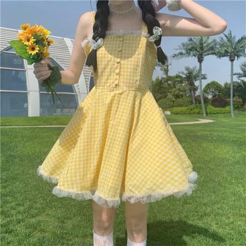 Soft Girls Sweet Backless Dress Women Yellow Sundress Summer Lolita Kawaii Lace Beach Party Plaid Sexy Casual Cute Short Dress