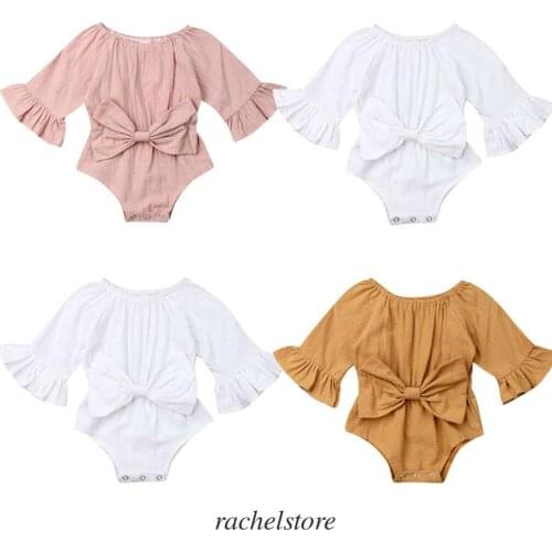 0-24M Newborn Infant Baby Girl Clothes Cute Long Sleeve Romper Jumpsuit Flared Sleeve bodysuits Summer Bow Solid Outfits