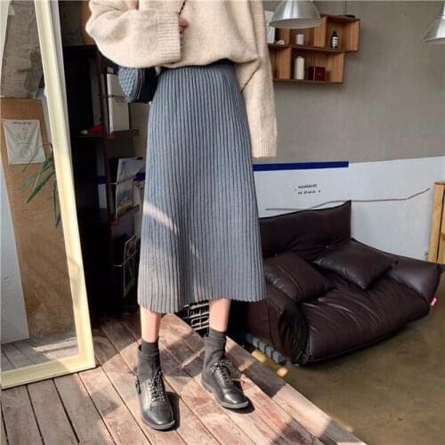 2021 Autumn Winter New Medium Long Retro Womens Thin Knitted A-line Skirt Pleated Skirt Girls' Daily Gray