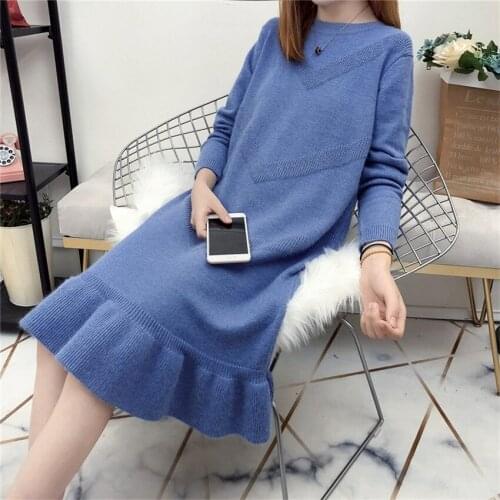 New Autumn Winter Fashion Big Size Women O-neck Knitted Dress Elegant Lady Knitting Sweater Dresses Pullovers Bottomings WZ901