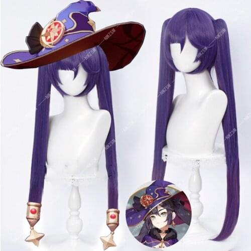 Game Genshin Impact Mona Megistus Cosplay Wig Mona 80cm Purple Double Ponytail Hair Women Wigs