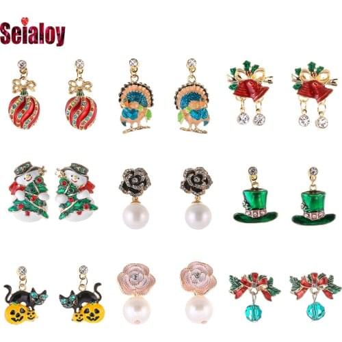 SEIALOY NEW Gold Bell Christmas Theme Clown Hat Earring For Women Men Original Pearl Crystal Couple Lover Fine Halloween Earring