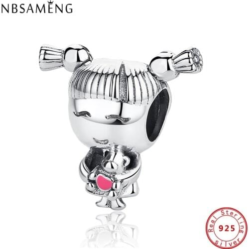 Original 100% 925 Sterling Silver Charm Cute Girl Pink Heart Bear Charms Beads Fit Pandora Bracelet DIY Women Jewelry