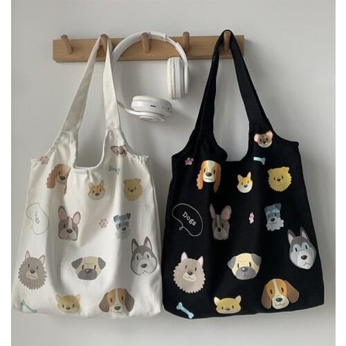 3Colors Women Vest Shoulder Bags Large Capacity Animals Dogs Canvas Handbags Tote Girls Korea Ulzzang Cloth Shopping Bags