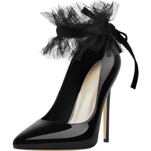 Womens Black Pumps Richealnana Pointed Toe Lace Ankle Strap Shoes Shiny Patent Leather Thin Heels Wedding Party Prom Stilettos