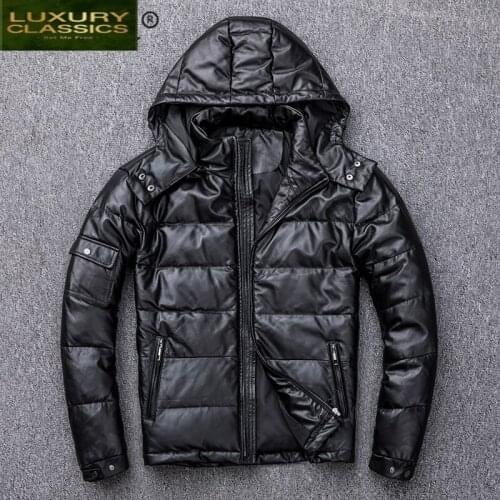 Duck Leather 100% Genuine Down Jacket Men Winter Clothes 2021 Streetwear Natural Real Sheepskin Down Coat Mens Leather Coat Hood