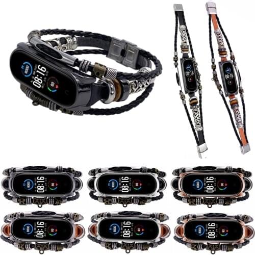 Vintage Leather Strap For Xiaomi Mi Band 5 / 5 NFC Replacement Watchbands Men Ethnic Beading Bracelet Strap For Mi Band 5 NFC