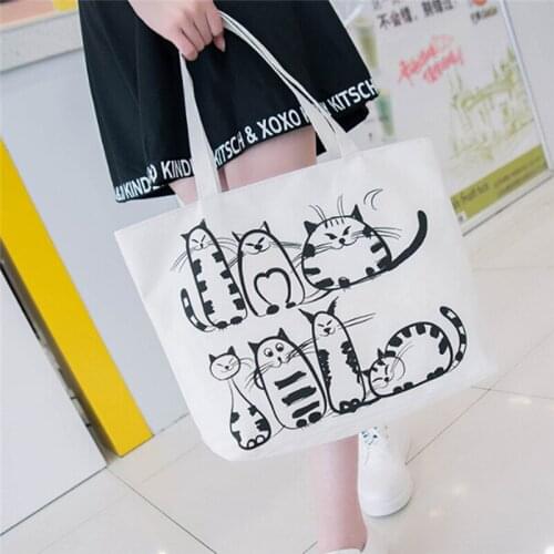 Women Canvas Handbag Cartoon Cat Printed Shoulder Bag Female Large Capacity Ladies Beach Bag Canvas Tote Shopping Handbags