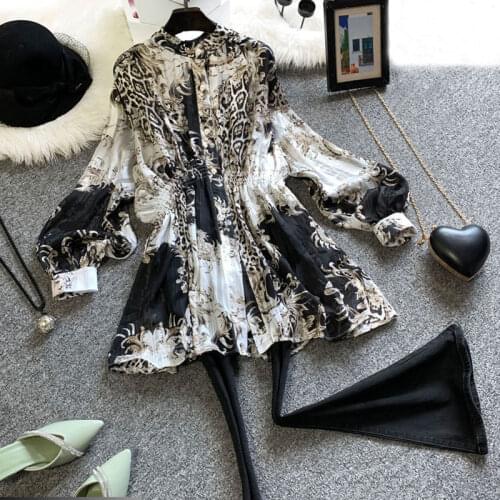 Long Floral Chiffon Women Shirts Summer Vintage 2021 Lantern Sleeved Slim Elegant Office Lady Outwear Tops