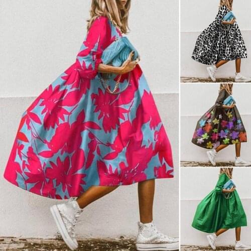 Women Beach Sundress Vintage Printed Oversize Women Fashion O Neck Half Sleeve Floral Leopard Print Large Hem Baggy Long Dress