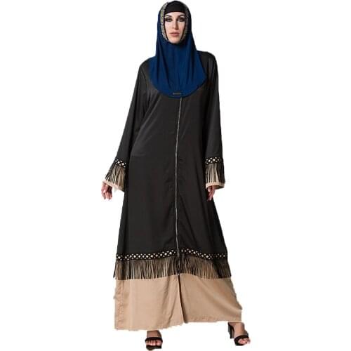 BianFeng Womens Fashion Tassel Lace Abaya Dress Islamic Lady Stitching Long Skirt Zipper Closure Cardigan Robe