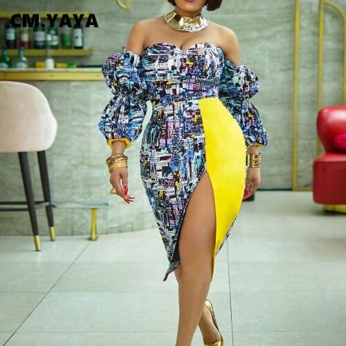 CM.YAYA Women Dress Patchwork Full Puff Sleeve Off Shoulder Slash Neck Splited Pencil Dresses Sexy Night Party Vestidos Autumn