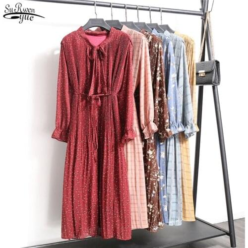 2021 Floral Vintage Elegant Clothes Spring Lady Chiffon Dress New Korean Fashion Women Long Sleeved Print Pleated Dress 8538 50