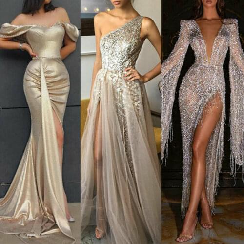 Womens Formal Maxi Dress Long Sequin Wedding Ball Gown Side Slit Evening Party