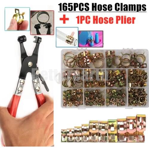 165 PCS Zinc Plated 6-22mm Car & Truck Spring Clips Fuel Oil Water Spring Hose Clamps + 1PC Straight Throat hose Clamp Plier