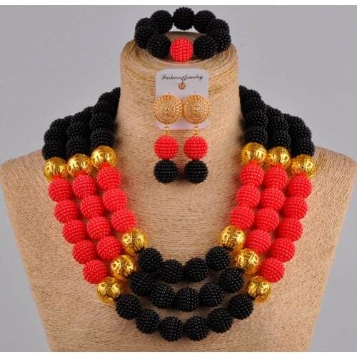 3 rows 24 inches black and red simulated pearl african necklace nigerian wedding beads jewelry set for women FZZ43